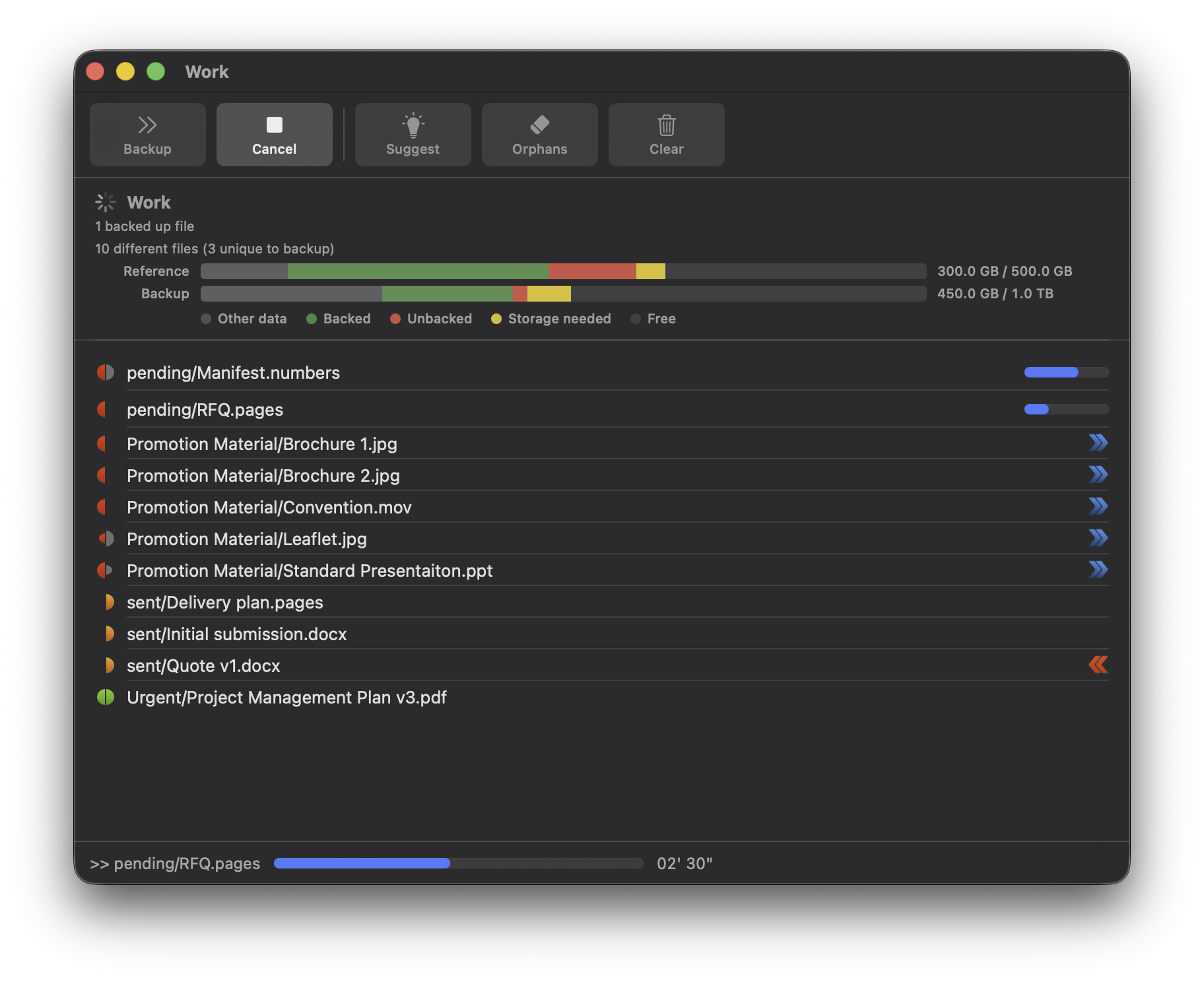 Backup in progress with status and exclusion options